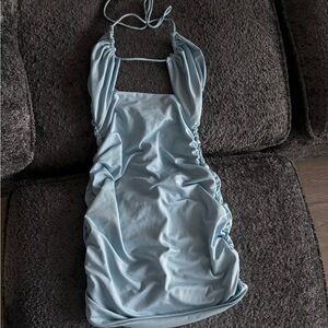 Blue Ruched Halter Mini Dress